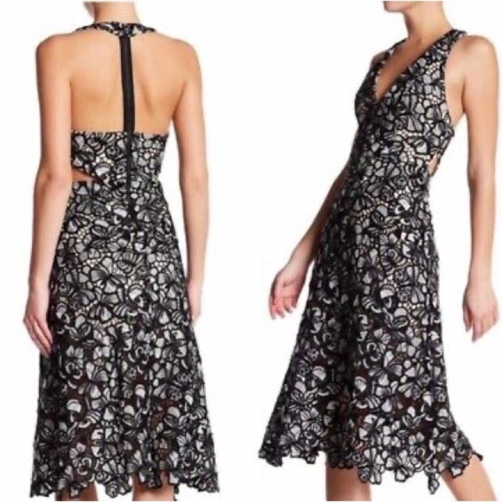Alice + Olivia Lace Noreen Embroidery Black White Cut Out Halter Dress